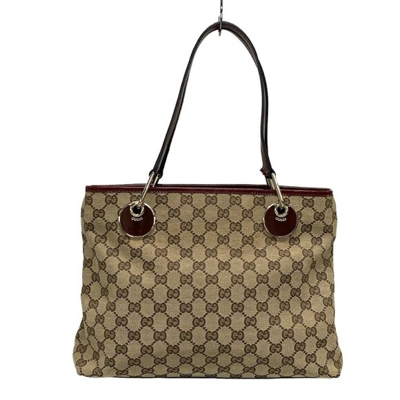 Auth GUCCI GG 120837 Beige Dark Brown Bordeaux Jacquard Patent Leather Tote Bag - Picture 1 of 16